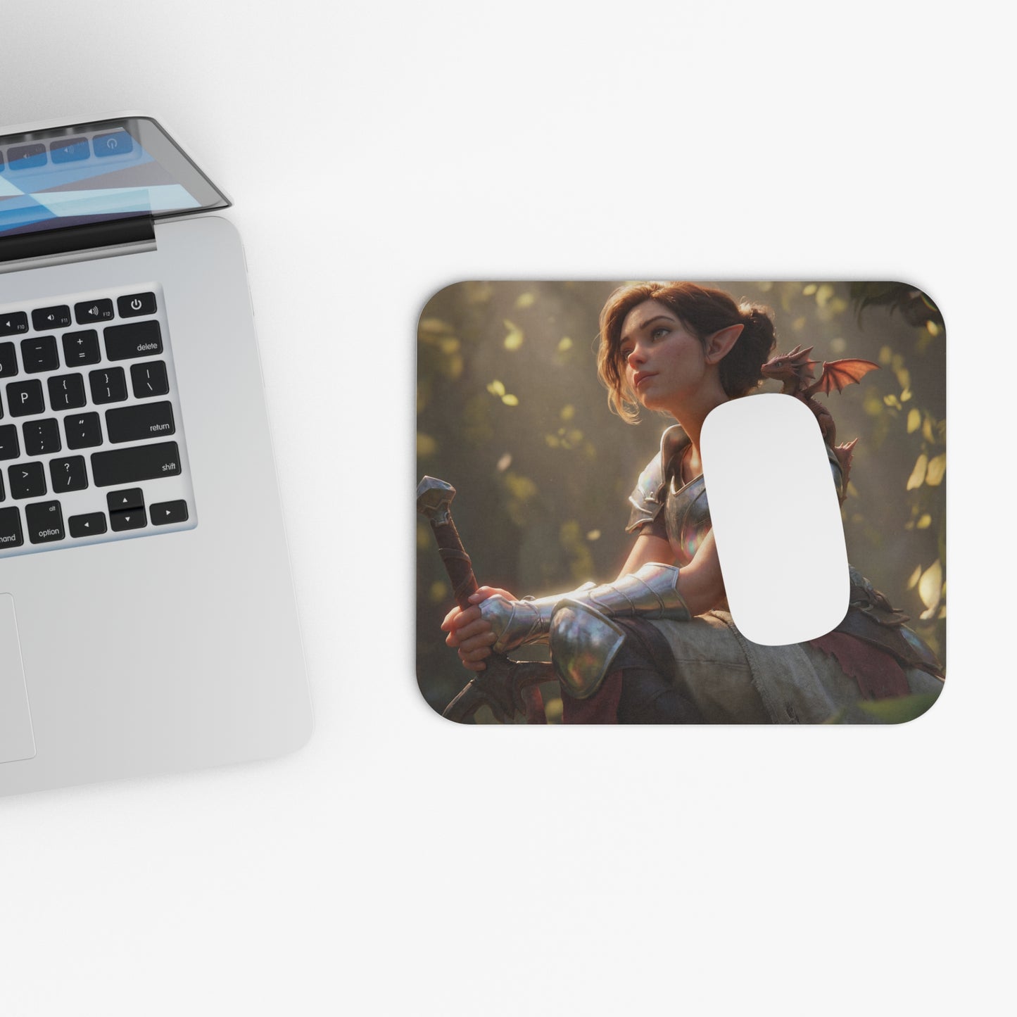 Elven Sentinel Mouse Pad – Sunlit Grove with Tiny Dragon Companion