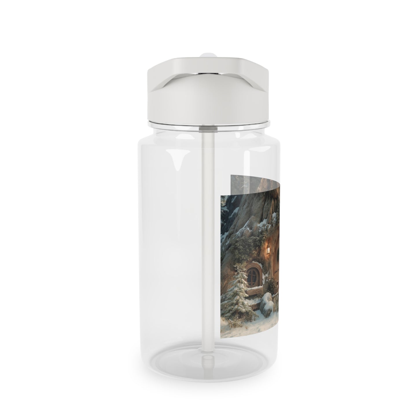 Frost-Touched Hobbit Door Tritan Water Bottle – Snowy Woodland Hearth Scene