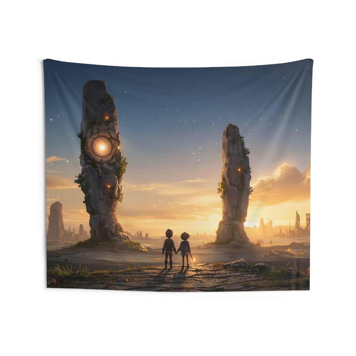 Twin Wanderers Tapestry – Sunset Portal Between Ancient Stones