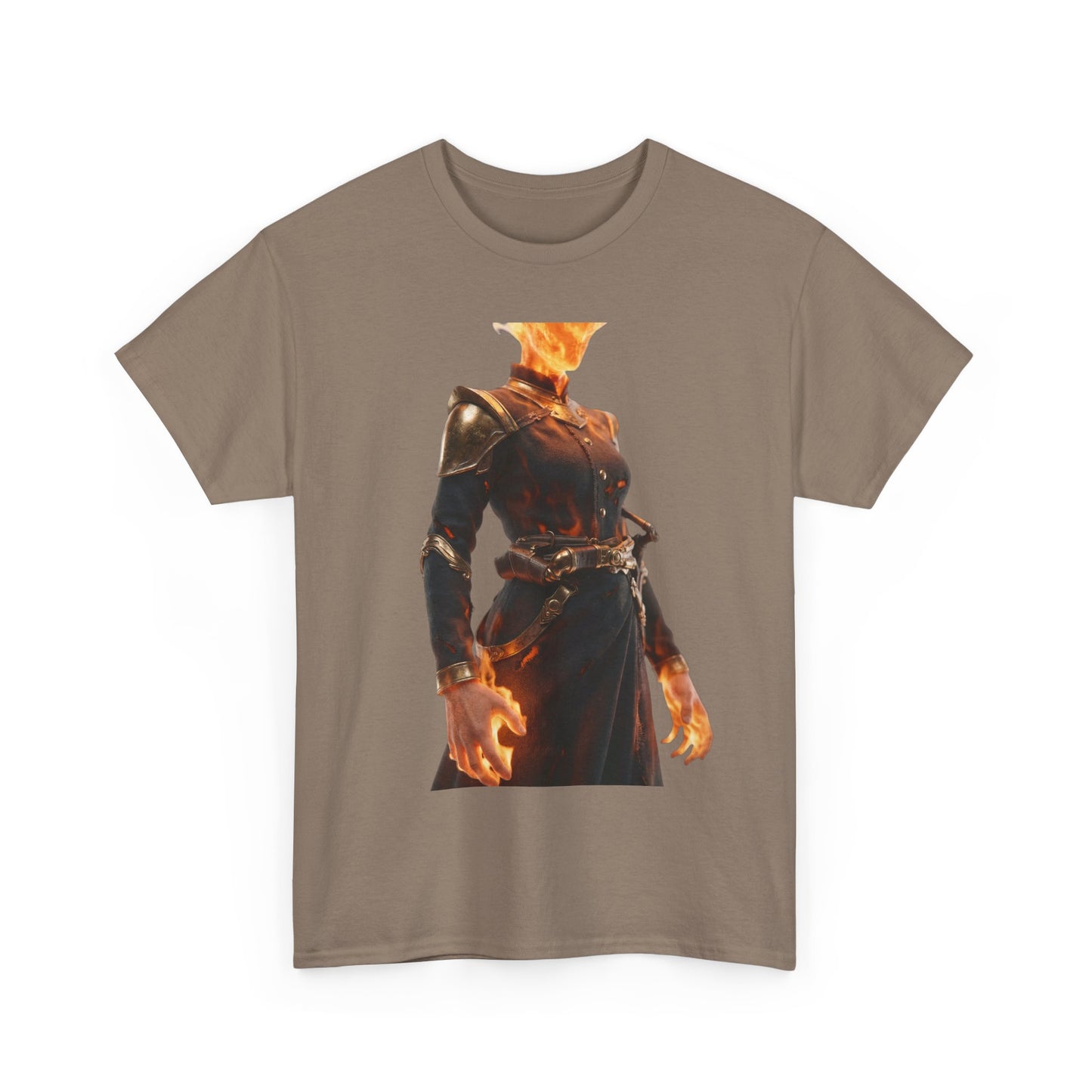 Flame-Headed Sentinel Unisex Heavy Cotton Tee – Gilded Armor & Burning Embers