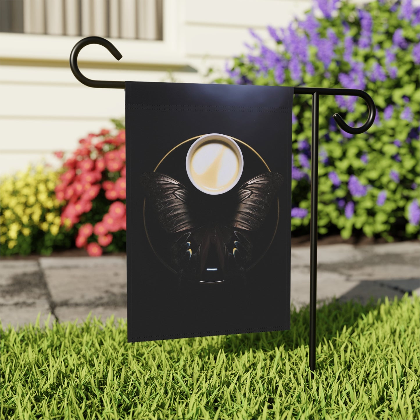 vantablack coffee with cream and sugar, iridescent butterfly wings - Garden & House Banner