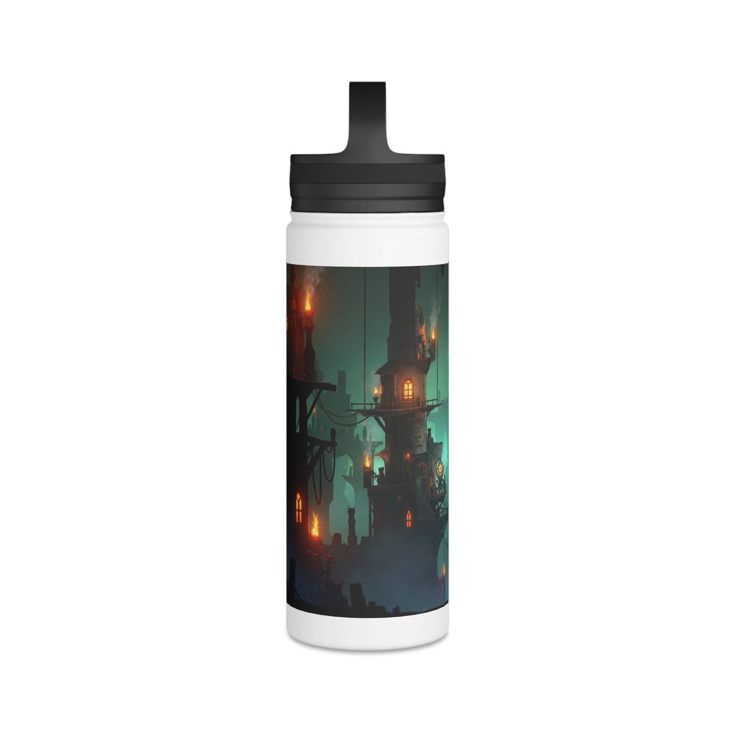 Aerial City of Lanterns Stainless Steel Water Bottle, Handle Lid – Glow in the Misty Canopy