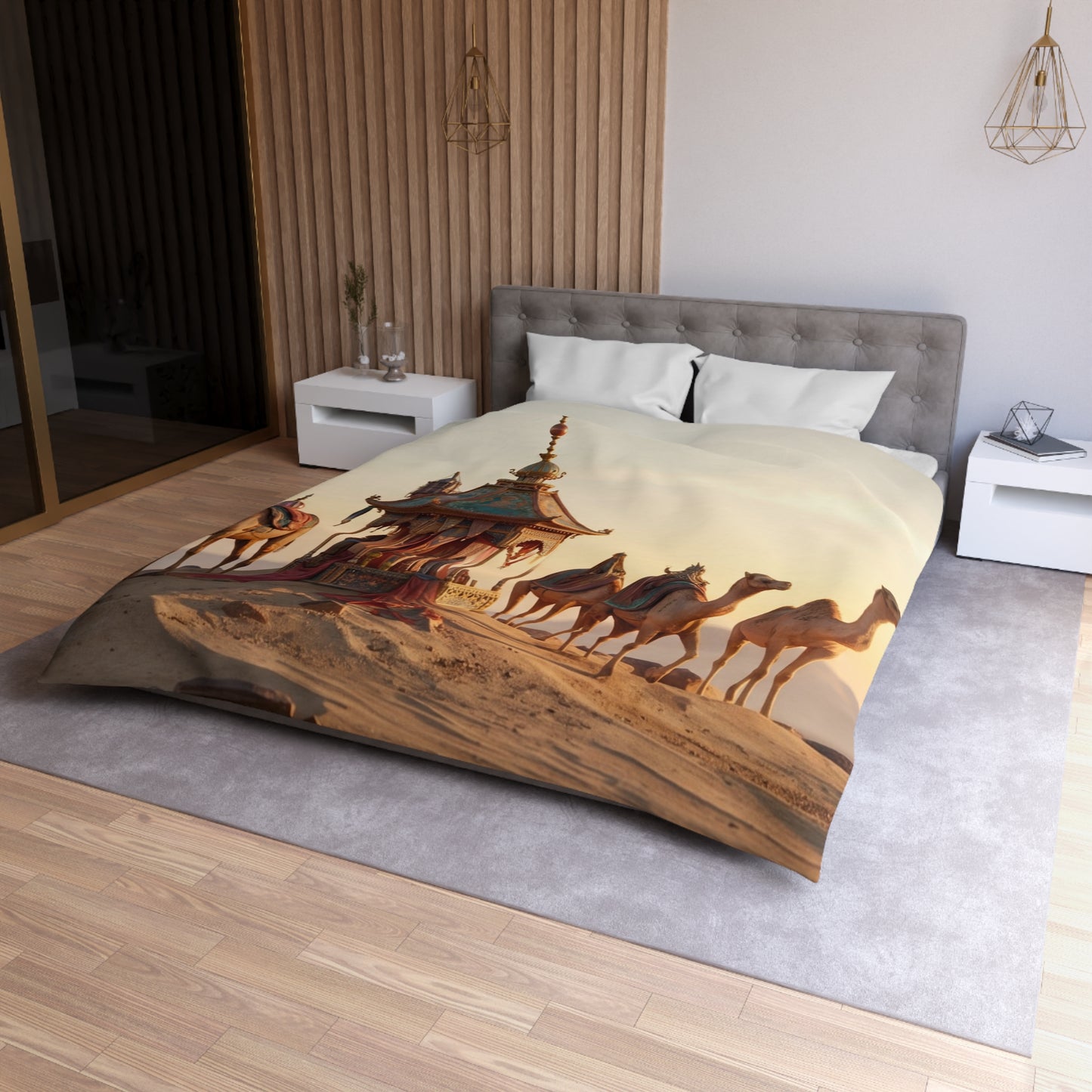 Desert Mirage Duvet Cover – Golden Dunes & Ornate Caravan