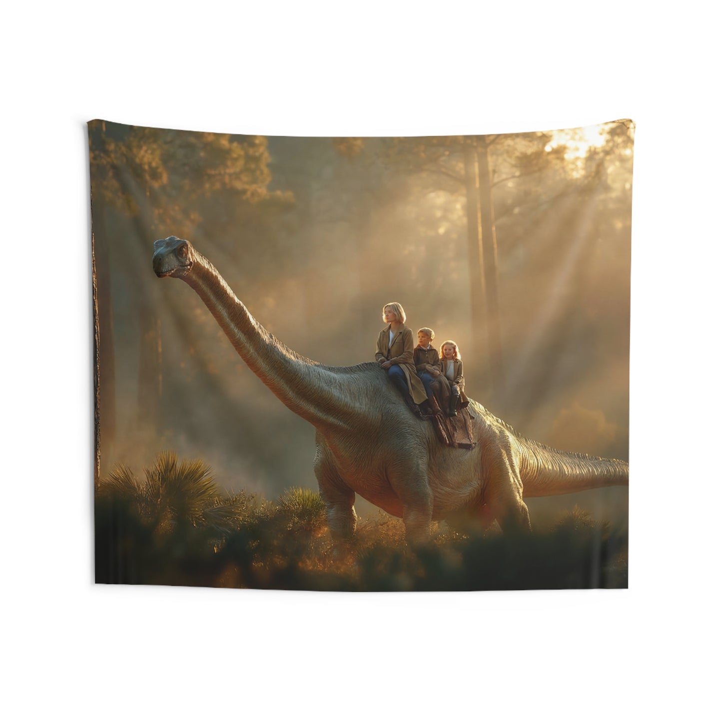 Gentle Dinosaur Ride Indoor Wall Tapestries – Sunset Forest Guardian