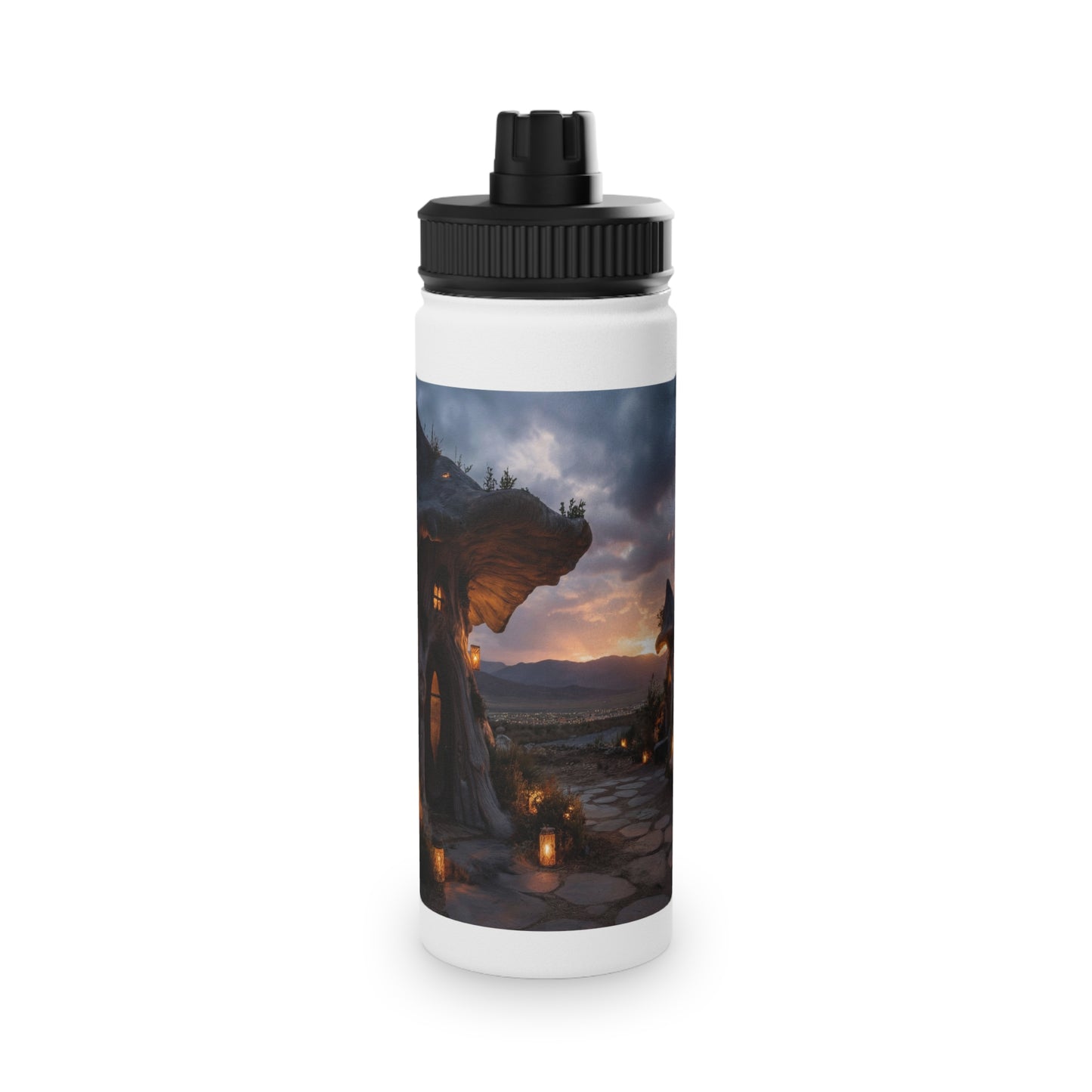 Mushroom Grove Retreat Stainless Steel Water Bottle, Sports Lid – Twilight Fairy Home Dreamscape