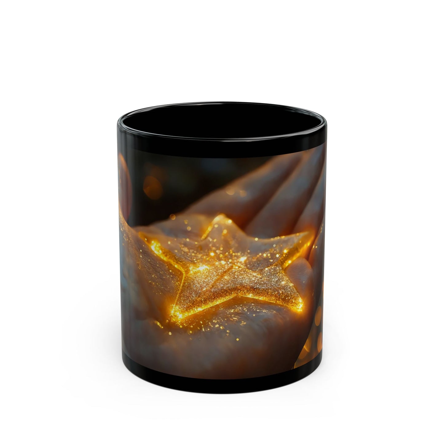 Glowing Star in Hand Black Mug – Warmth of a Held Wish
