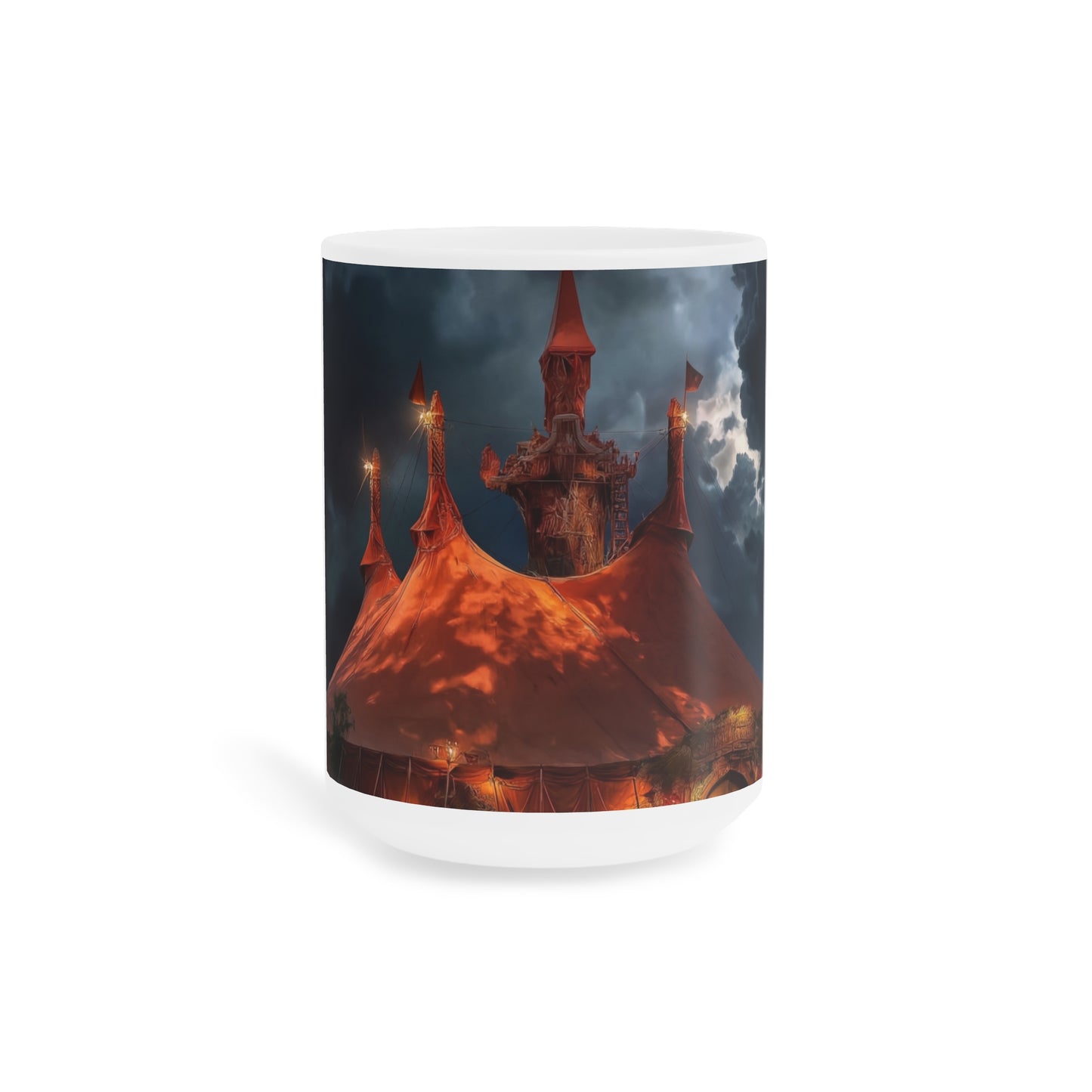 Crimson Circus Tent Mugs – Neon Nightscape Under Stormy Skies