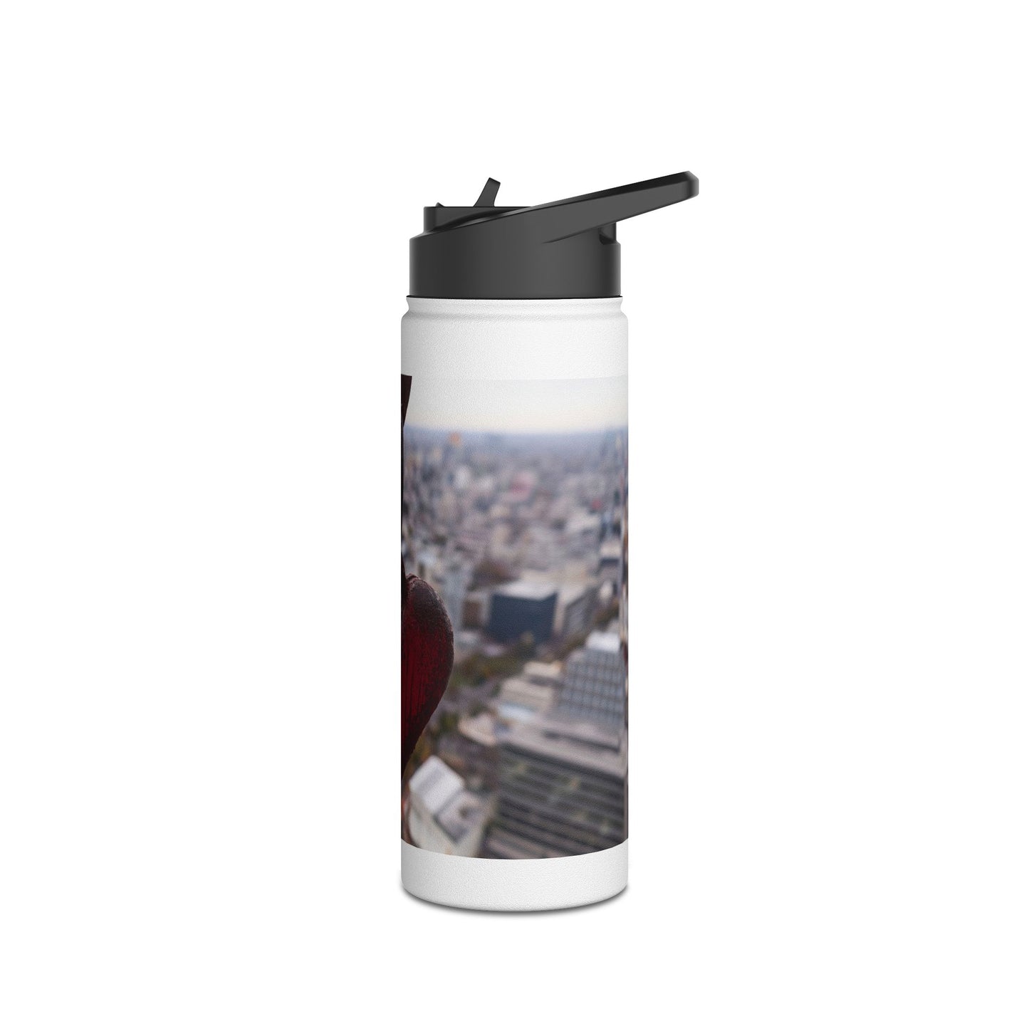 Rusty Heart Weight Bottle – Suspended Over City Skyscrapers