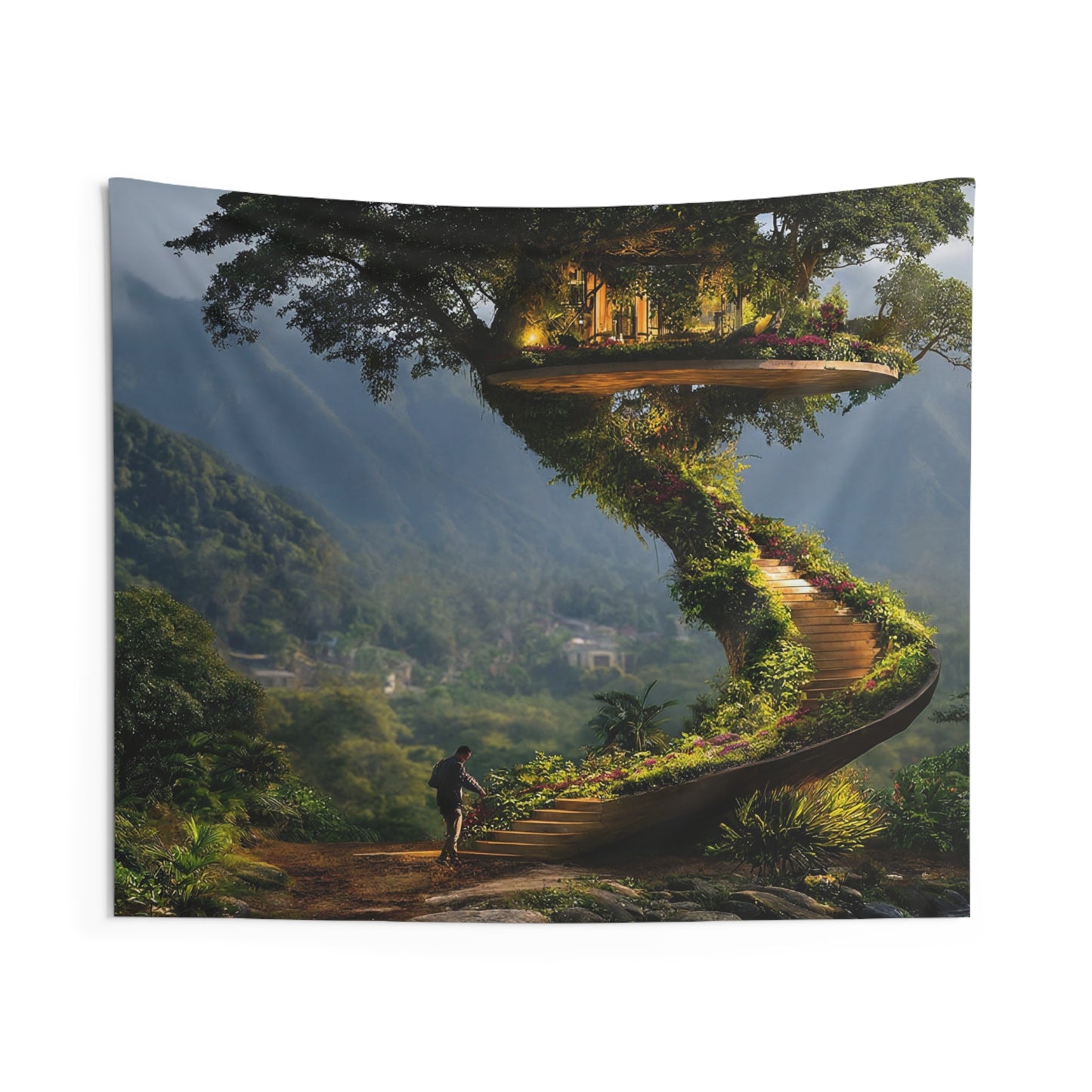 Treehouse Sanctuary Indoor Wall Tapestries – Spiral Staircase to a Mountain Dwelling