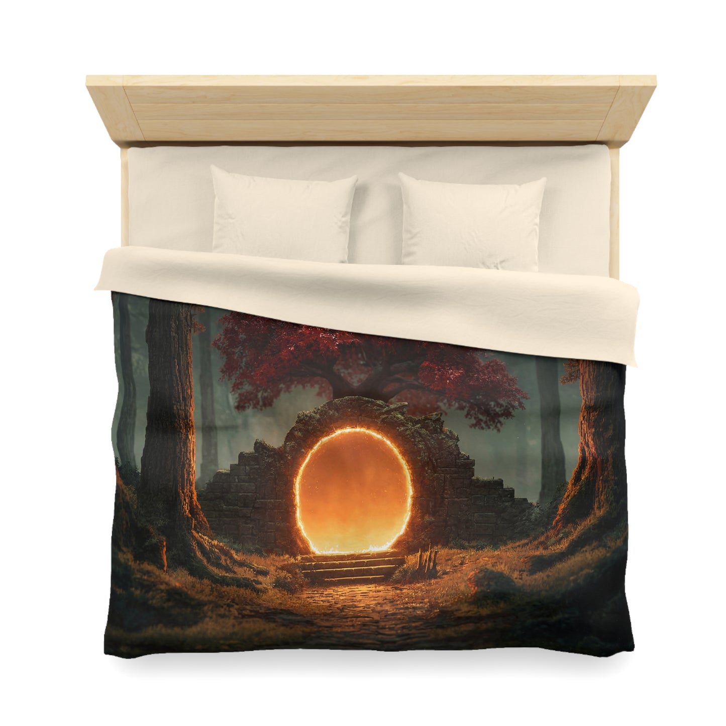 Crimson Portal Duvet Cover – Whispering Forest Gateway