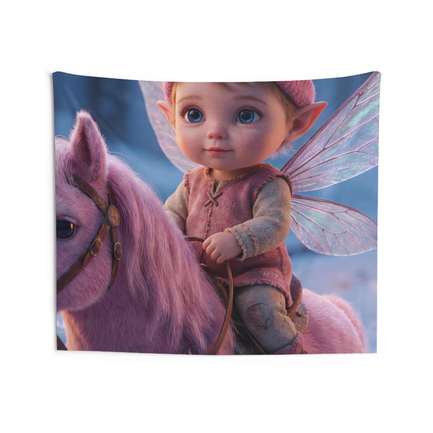 Fairy Child on Pink Unicorn Indoor Wall Tapestries – Winter Forest Whispers