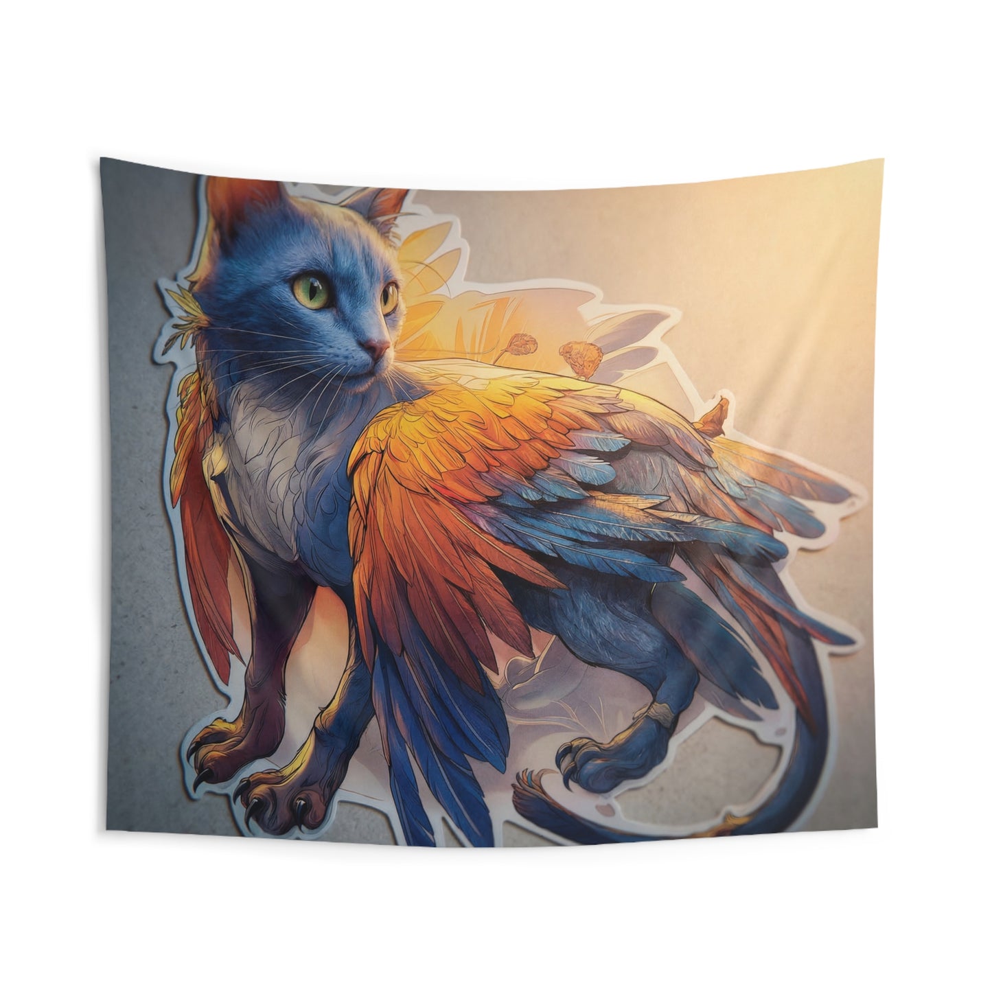 Azure Winged Cat Indoor Wall Tapestries – Sunset Guardian of the Hearth