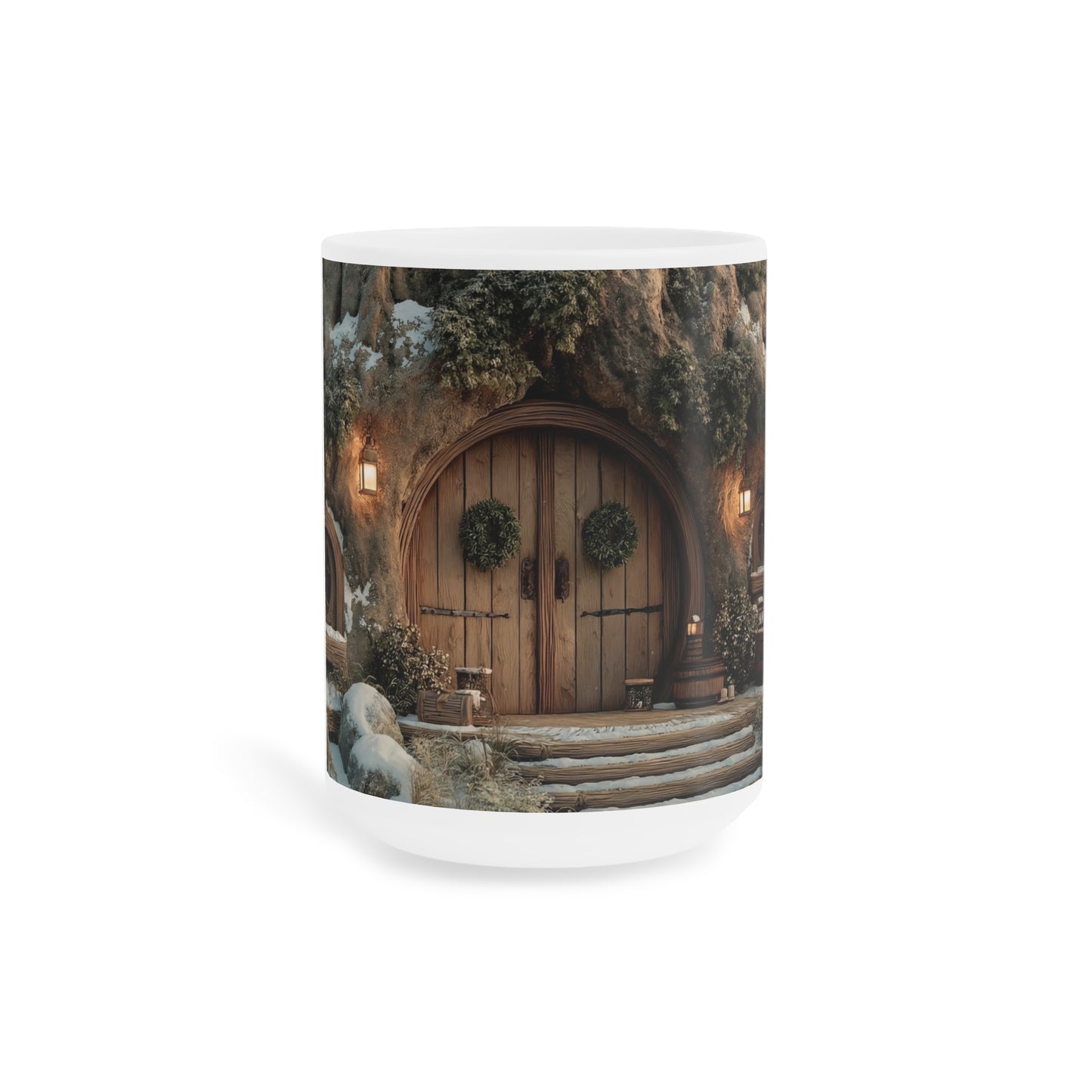 Winter Hollow Treehouse Mug – Warm Hearth Glow in Snow