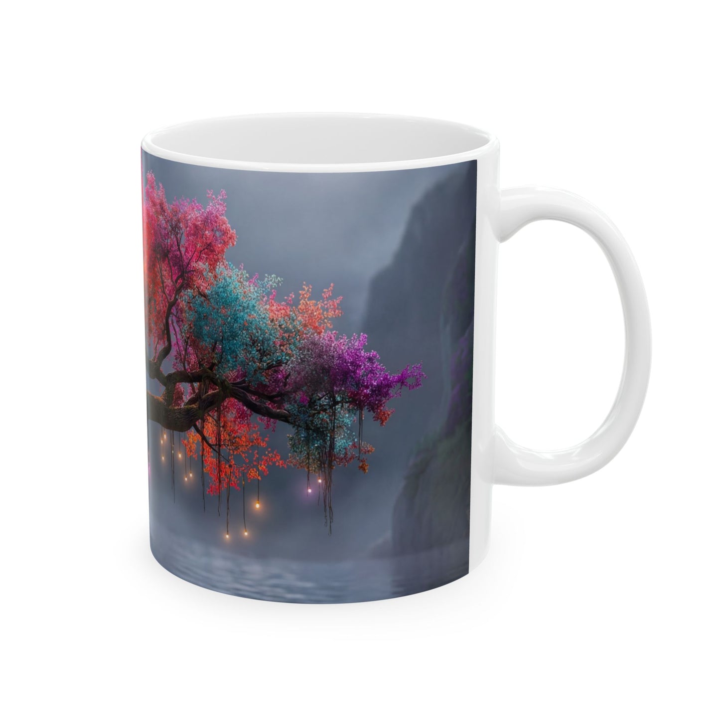 Chromatic Dream Tree Ceramic Mug – Moonlit Rainbow Canopy