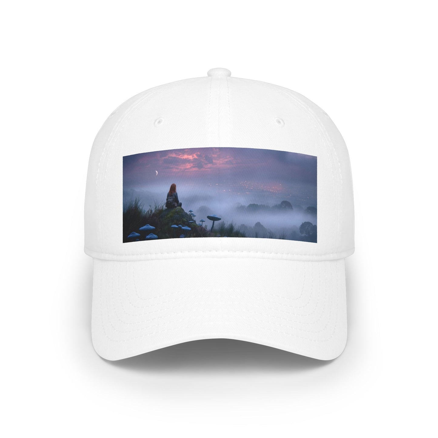Misty Mountain Moonlight Low Profile Baseball Cap – Red-Haired Wanderer at Twilight