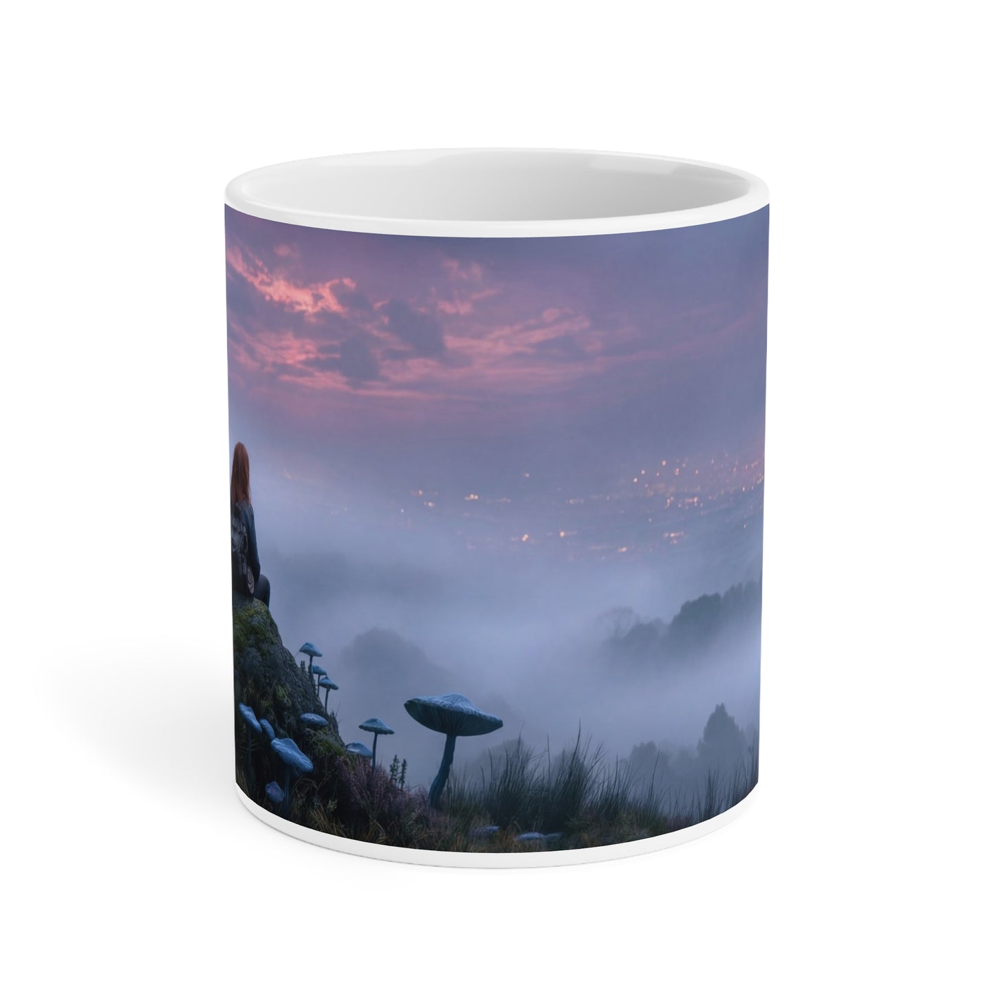 Twilight Sentinel Ceramic Mugs (11oz\15oz\20oz) – Moonlit Peak and Misty Cityscape