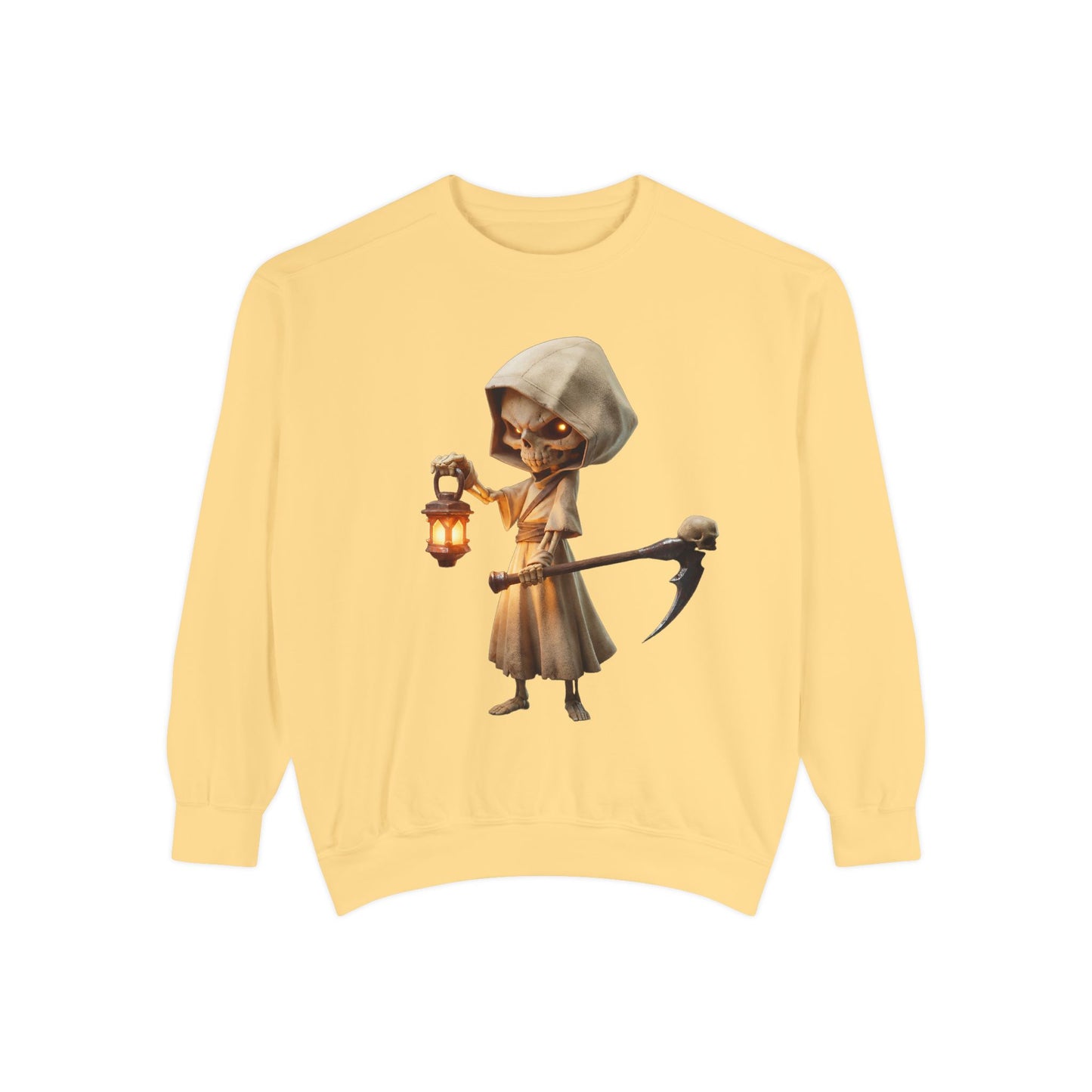 Hooded Lantern Grim Reaper Sweatshirt – Glowing Eyes and Scythe Guardian