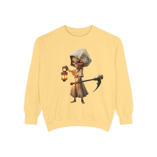 Hooded Lantern Grim Reaper Sweatshirt – Glowing Eyes and Scythe Guardian