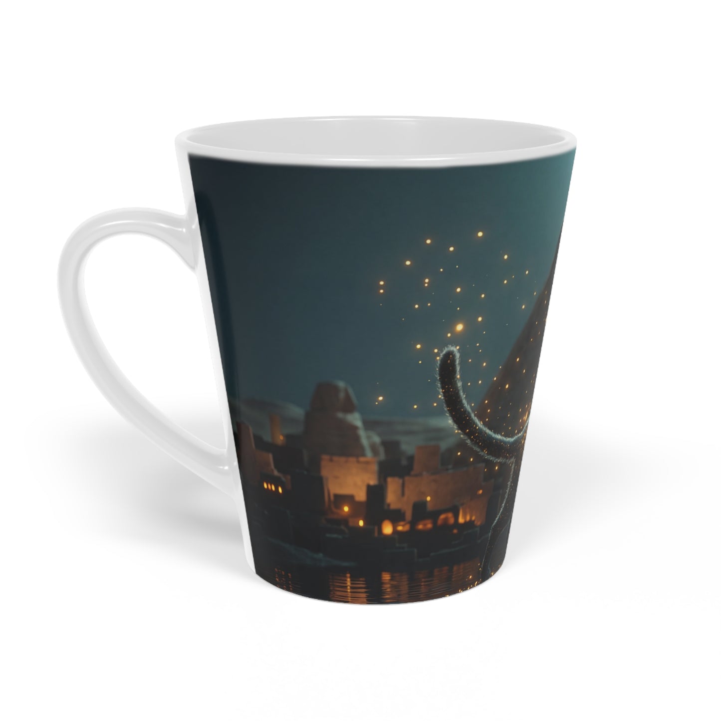 Golden Cat Guardian Latte Mug, 12oz – Pyramidal Nightwalk with Crescent Moon