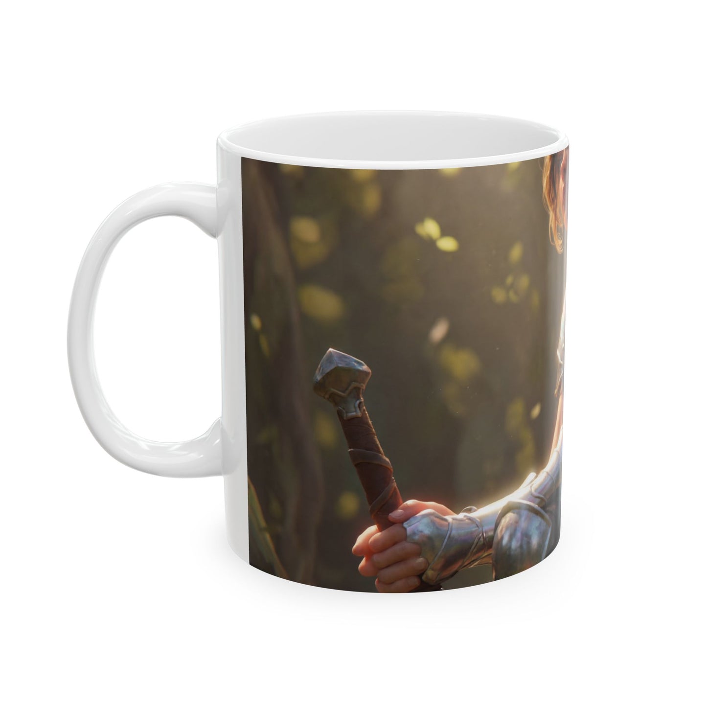 Elf Warrior with Dragon Companion Ceramic Mug – Sunlit Forest Sentinel