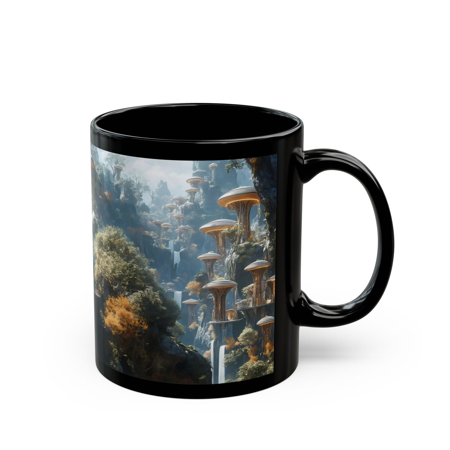 Floating Dome Village Black Mug – Sunlit Sky-Cliff Haven