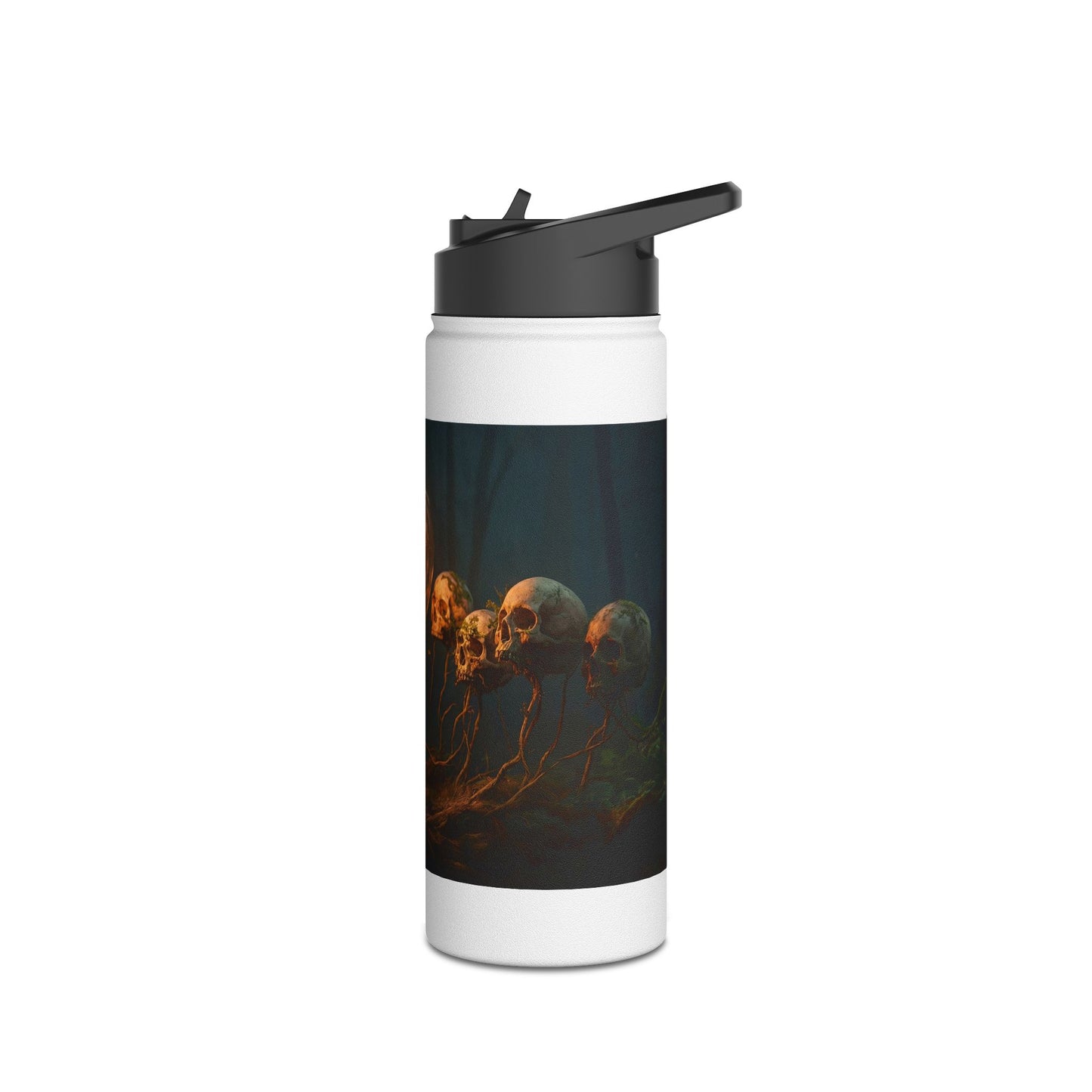 Glowing Lightbulb in Haunted Forest Stainless Steel Water Bottle, Standard Lid – Illuminated Wisdom Among the Ancient Bones