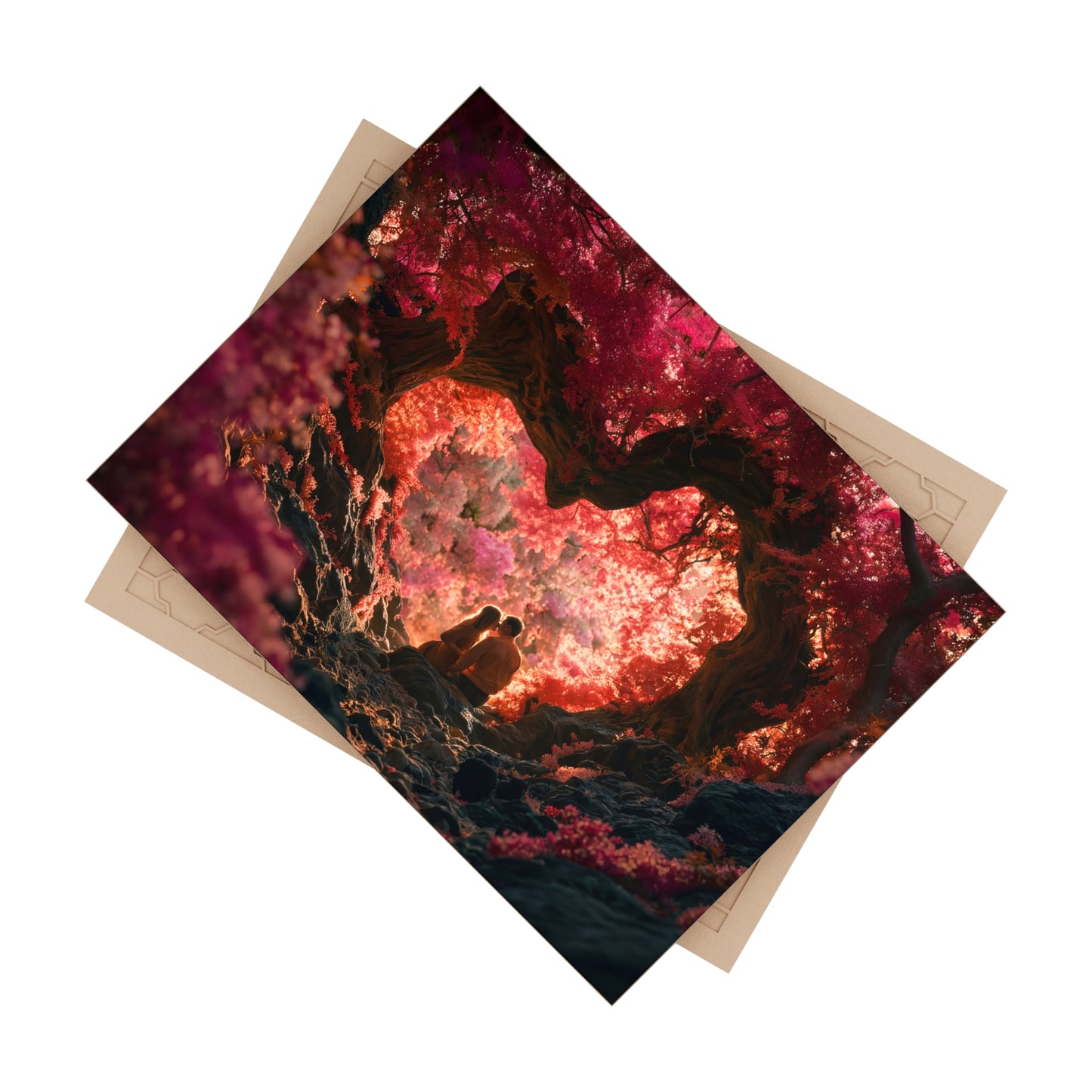 Crimson Canopy Love Scene Ceramic Photo Tile – Whispering Trees at Dusk