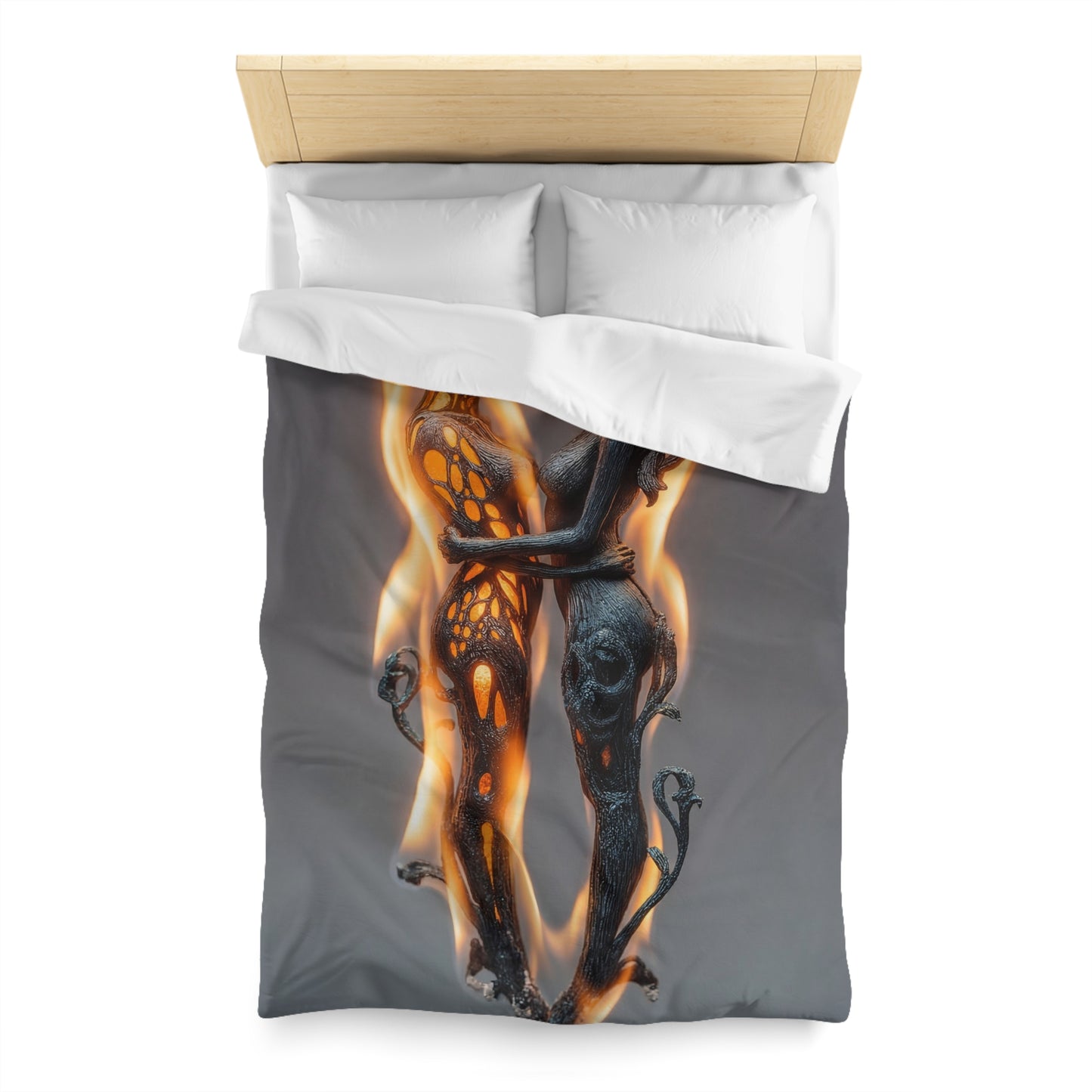 Flame-Embraced Lovers Microfiber Duvet Cover – Intertwined in Gilded Fire