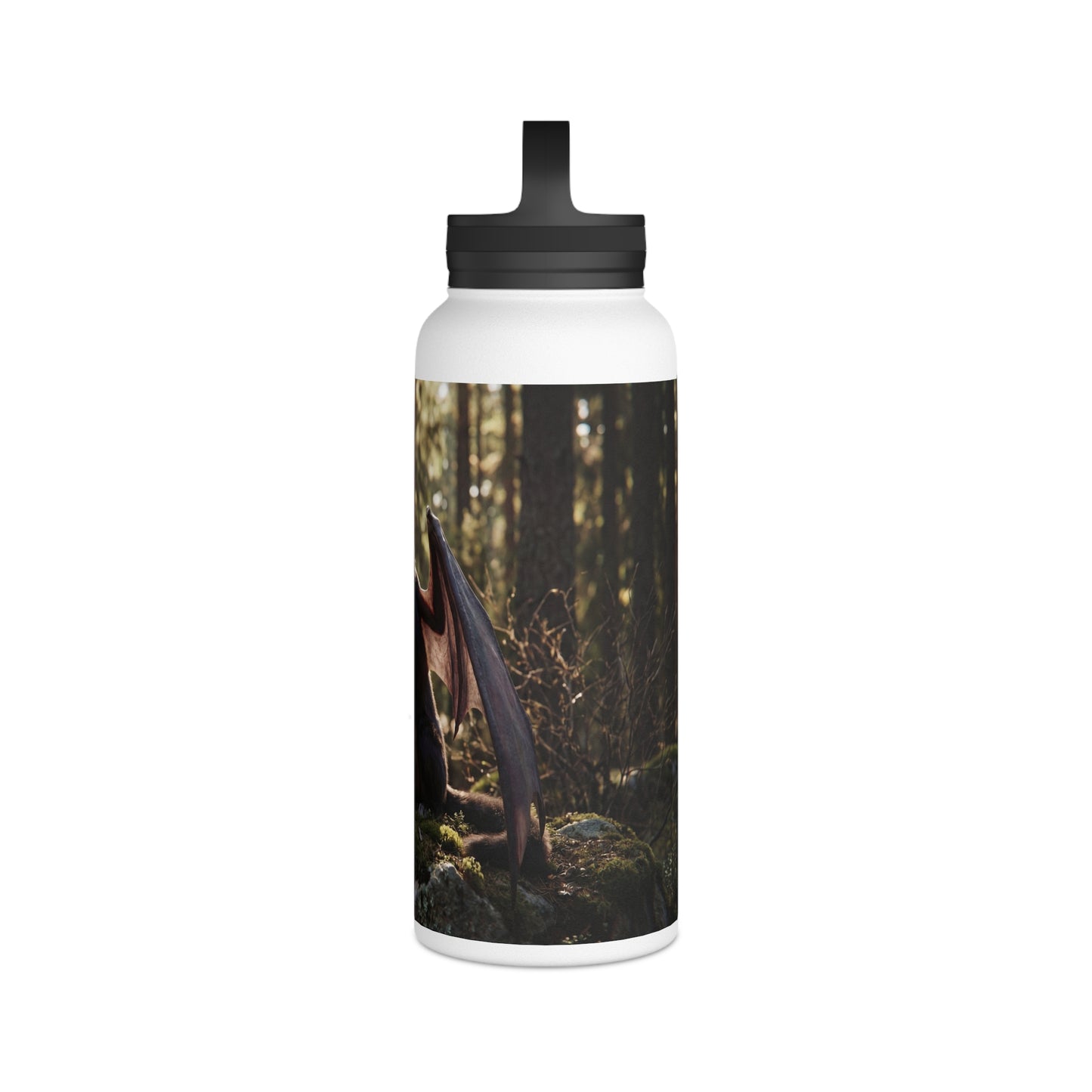 Winged Wolf in Sunlit Forest Stainless Steel Water Bottle, Handle Lid – Guardian of the Mossy Glade
