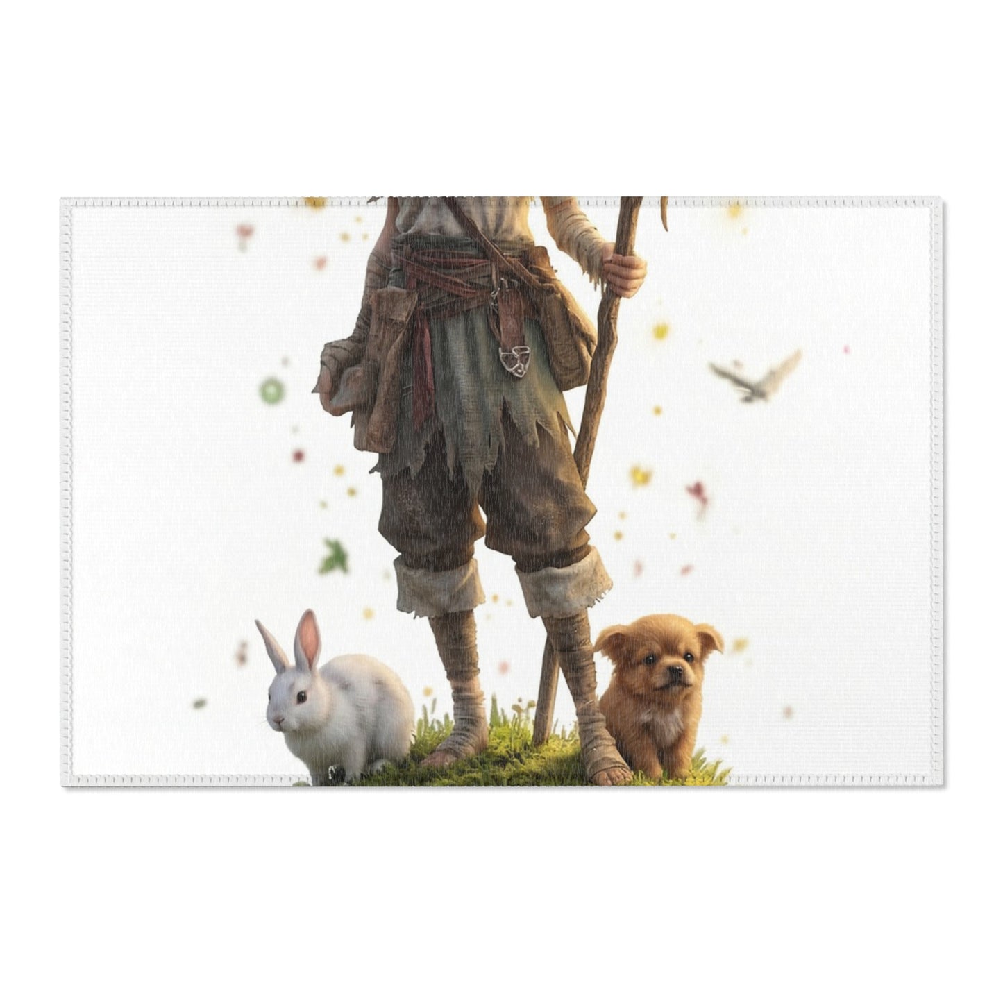 Forest Sentinel Area Rug – Glowing Antlered Child Amid Mushrooms and Rabbits