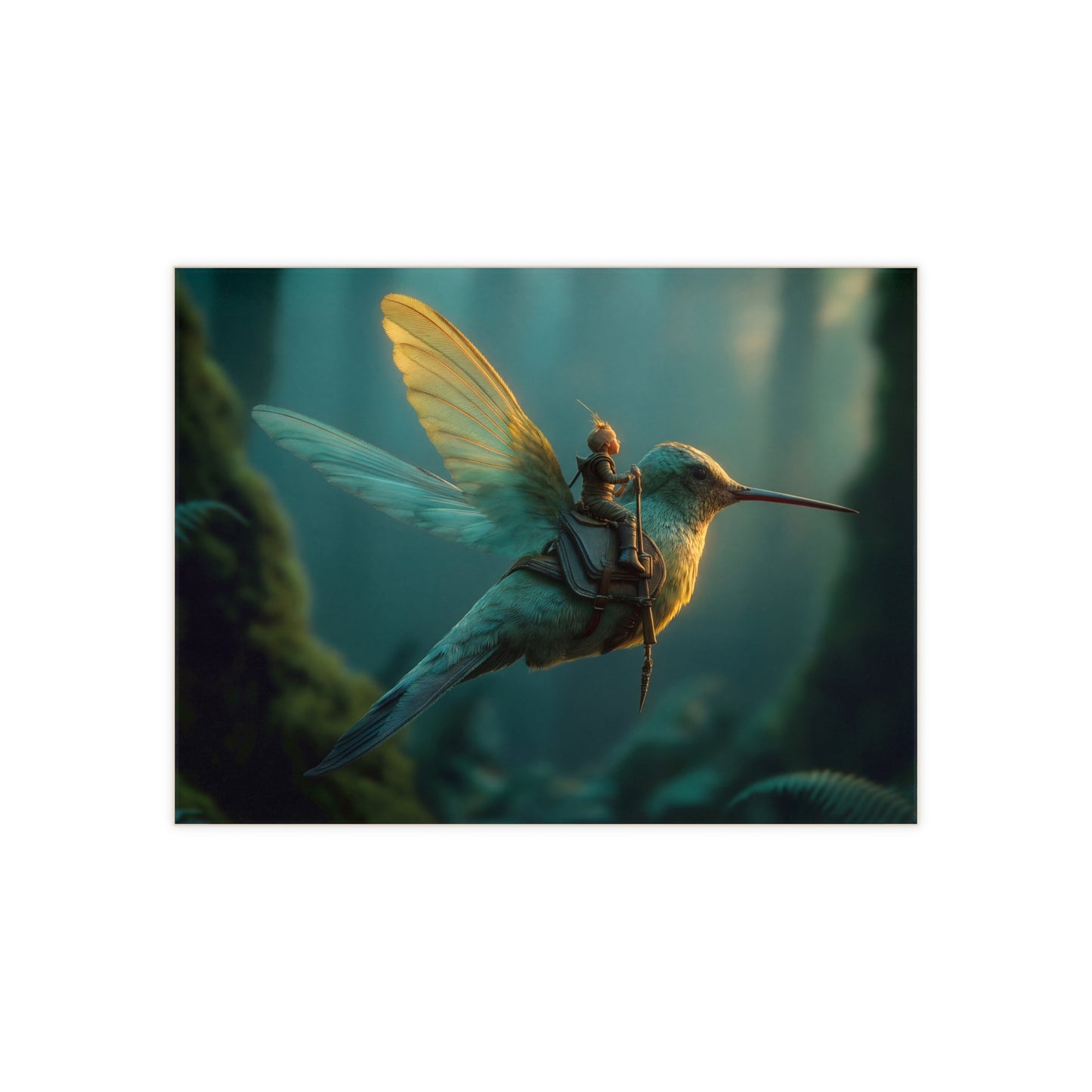 Tiny Knight on Hummingbird Ceramic Photo Tile – Sunlit Forest Ride