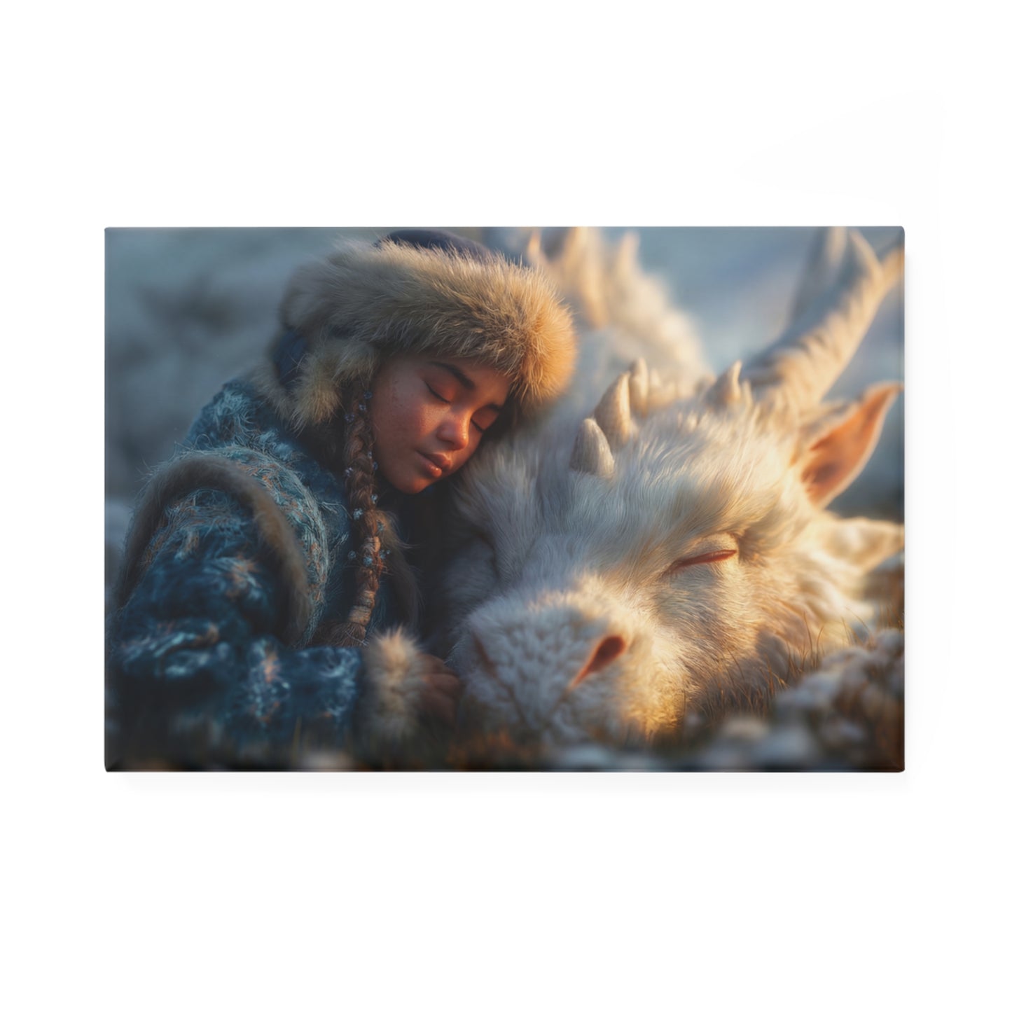 Frost Dragon Sleep Button Magnet, Rectangle (1 & 10 pcs) – White Guardian and Child Resting Peacefully