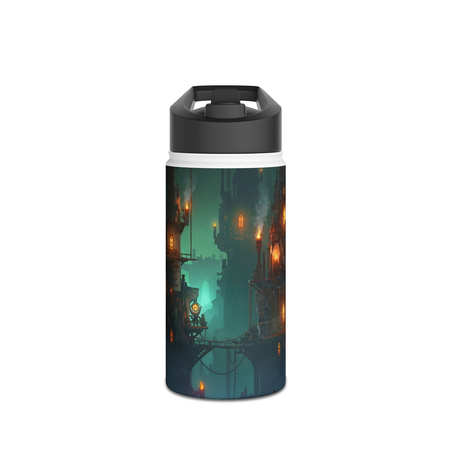 Floating City at Dusk Stainless Steel Water Bottle – Warm Lights Among the Mist