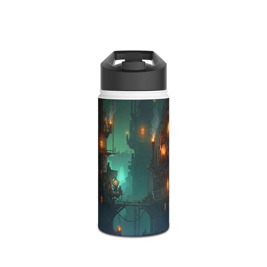 Floating City at Dusk Stainless Steel Water Bottle – Warm Lights Among the Mist