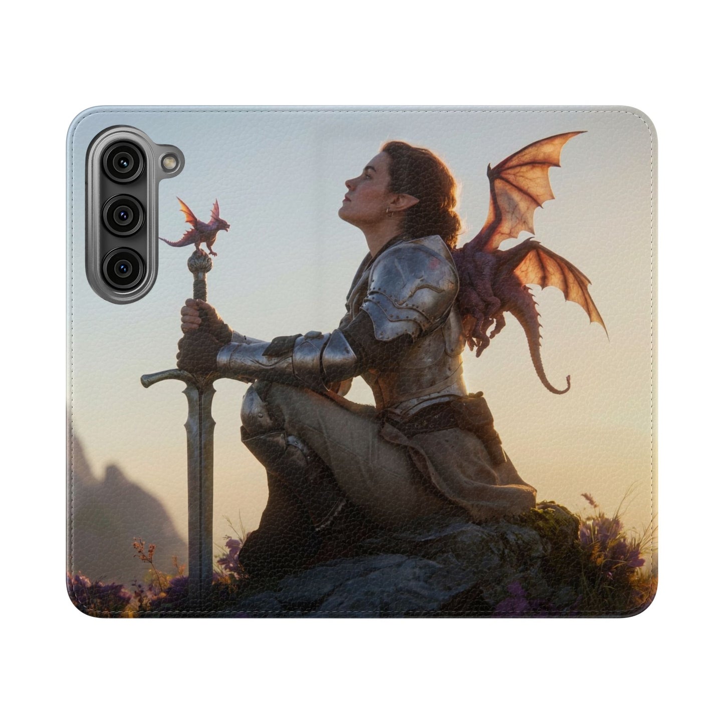 Dragon Knight Flip Cases – Sunlit Sentinel with Mini Drake and Sword