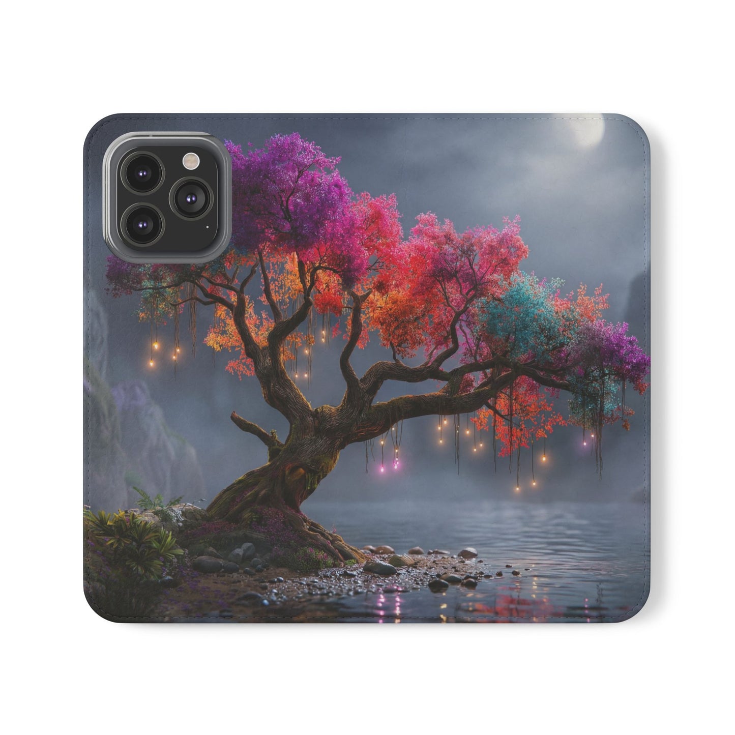 Chromatic Canopy Flip Cases – Rainbow Tree Moonlit Waterfall Scene