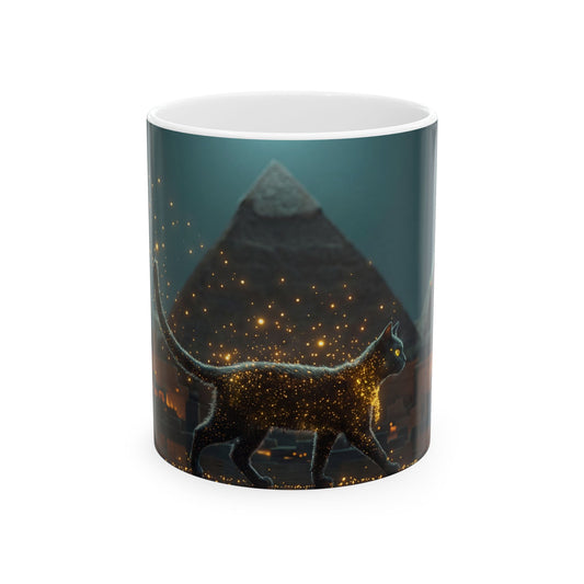 Starlit Cat by Pyramids Ceramic Mug – Midnight Magic Walks the Nile