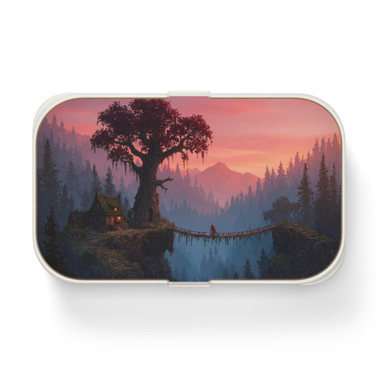 Crimson Sentinel Bento Lunch Box – Sunset Sanctuary Over the Misty Chasm