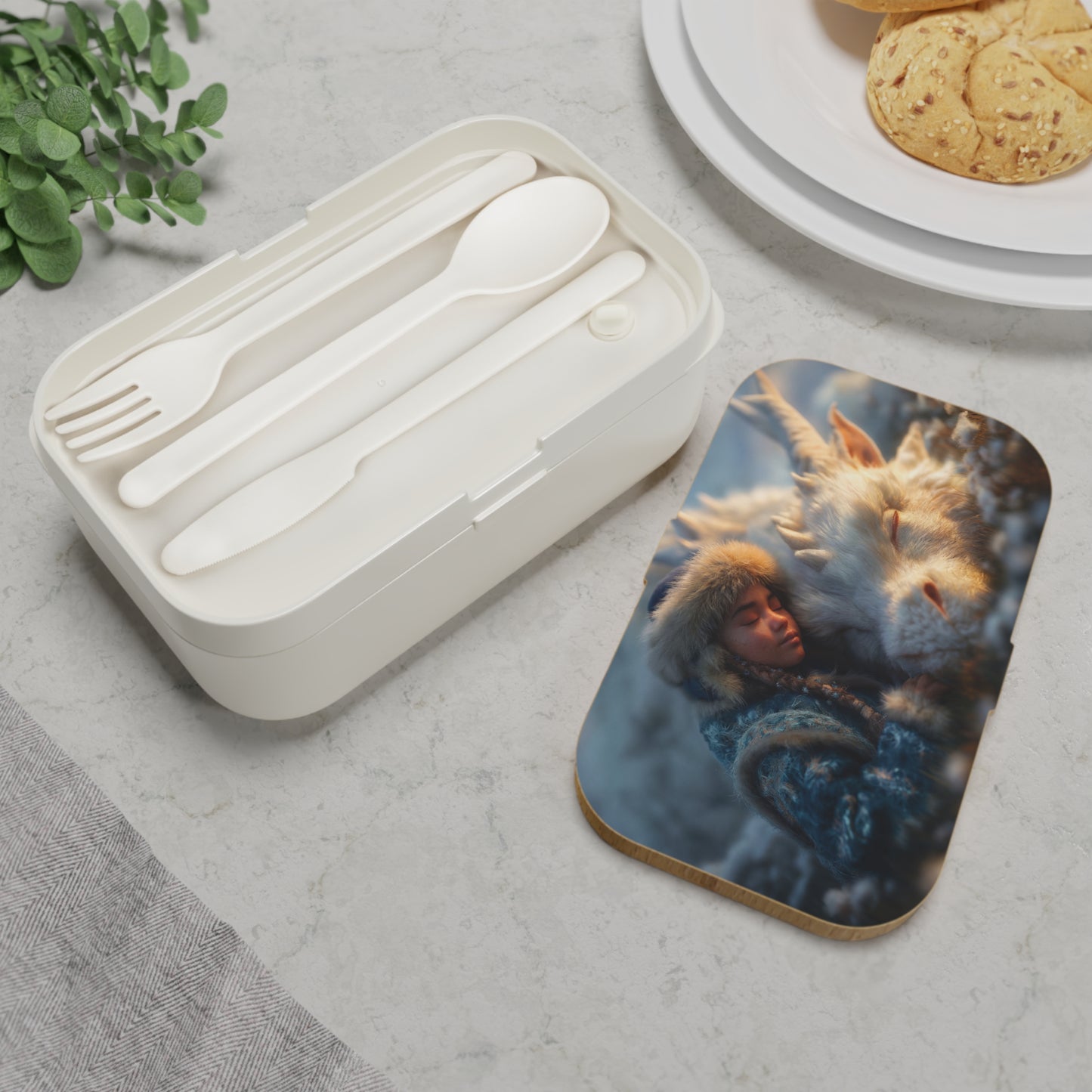 Young Guardian and White Dragon Bento Lunch Box – Snow-Capped Sentinel Resting