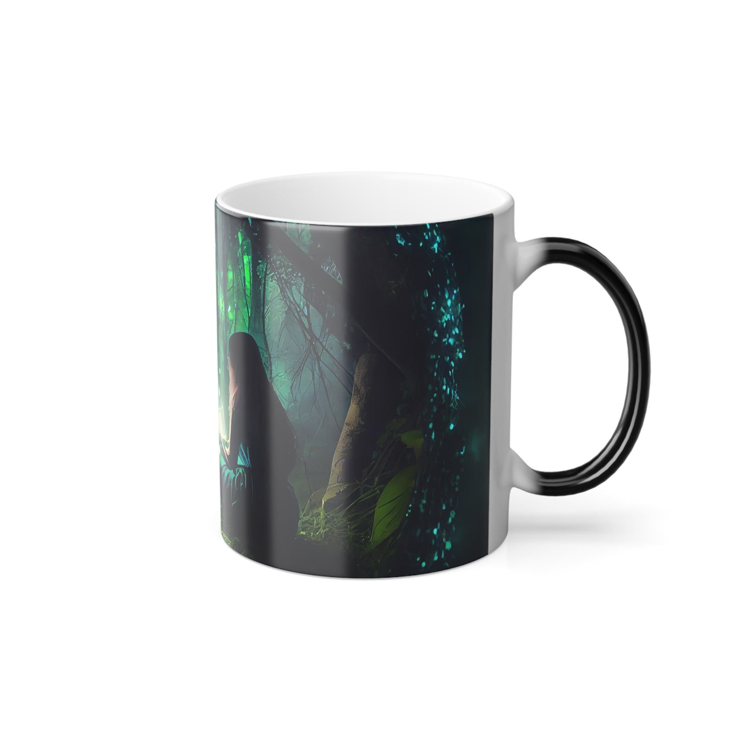 30 year old woman looking into a bright fairytale world, glow, fireflies, dark round frame, green nature, bright forest, highly detailed - Color Morphing Mug, 11oz