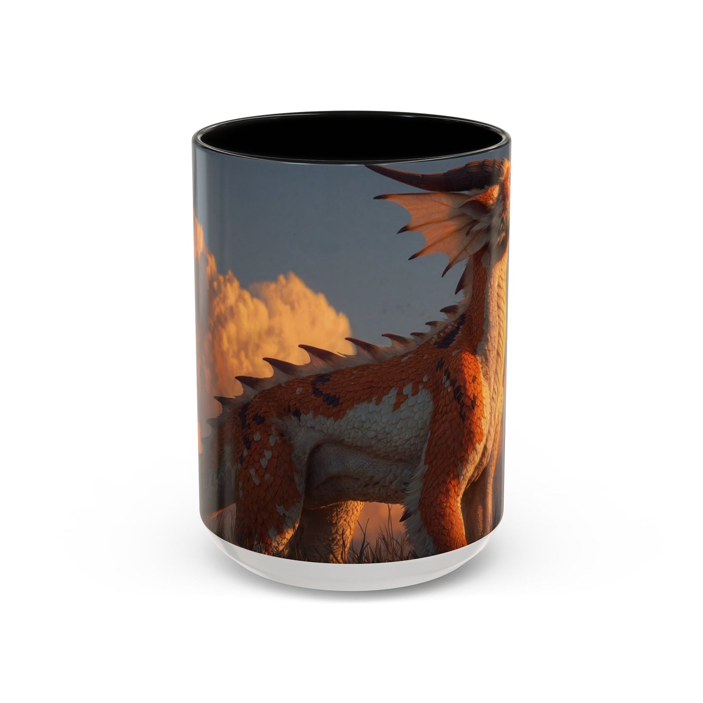 Sunset Dragon Accent Coffee Mug (11, 15oz) – Warm Ember Guardian in Golden Grasses