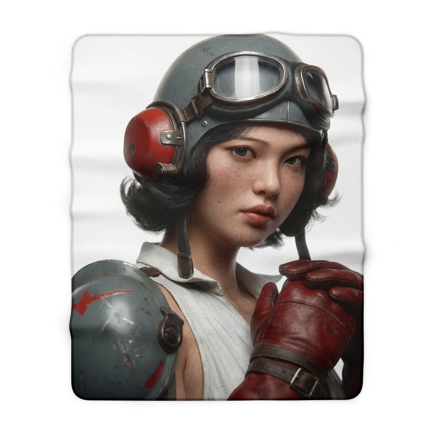 Vintage Pilot Portrait Sherpa Fleece Blanket – Crimson Goggles & Steel Helm