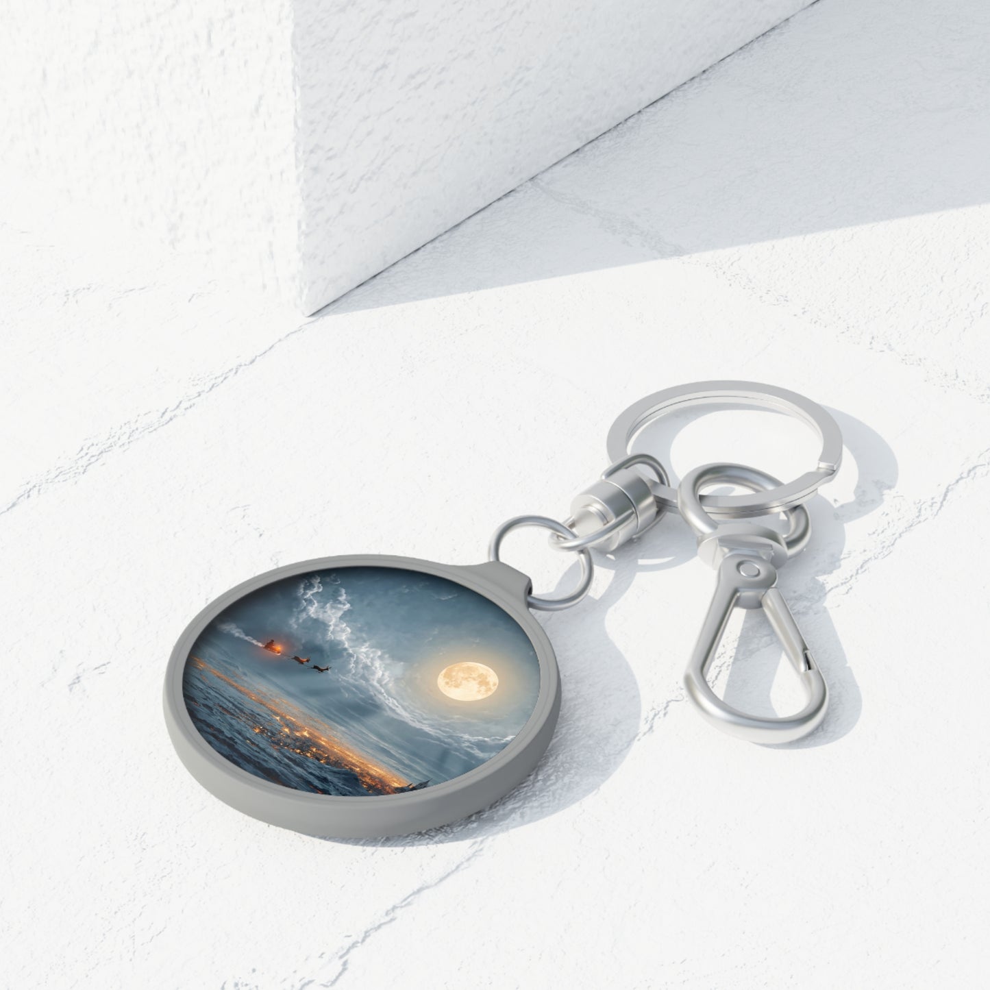 Midnight Sleigh Ride Keyring Tag – Lunar Glow Over Winter Town