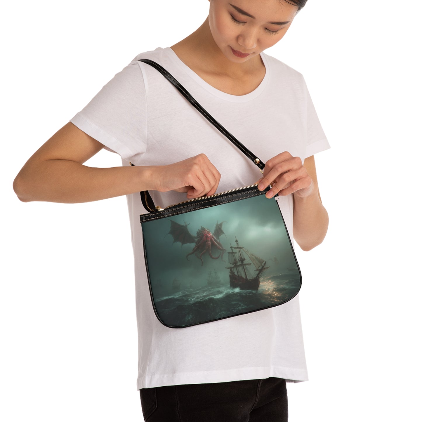 Leviathan’s Wrath Small Shoulder Bag – Storm-Swept Seascape with Winged Kraken
