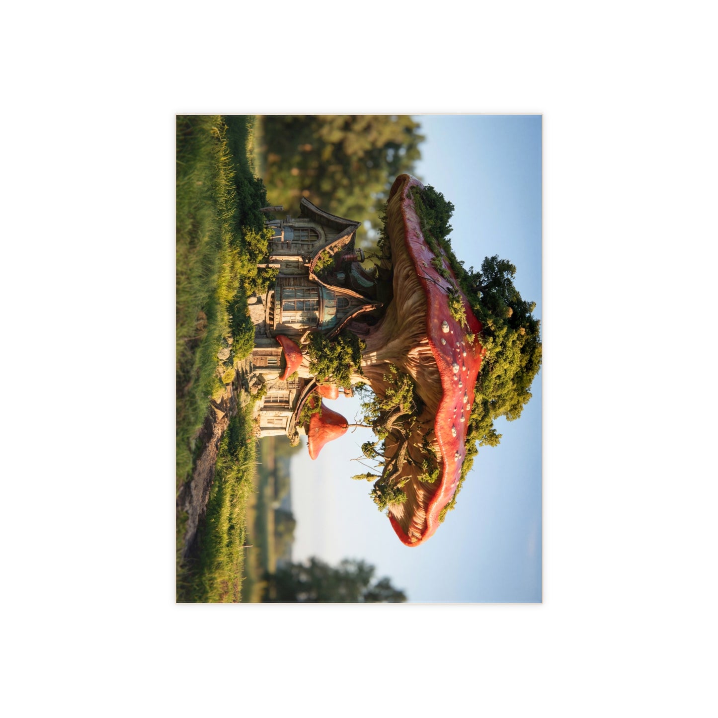 Mushroom Cottage Ceramic Photo Tile – Red Cap Sanctuary in Sunlit Meadow