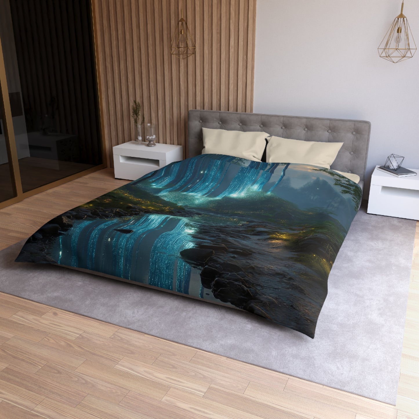 Celestial Waterfall Forest Microfiber Duvet Cover – Azure Light Reverie