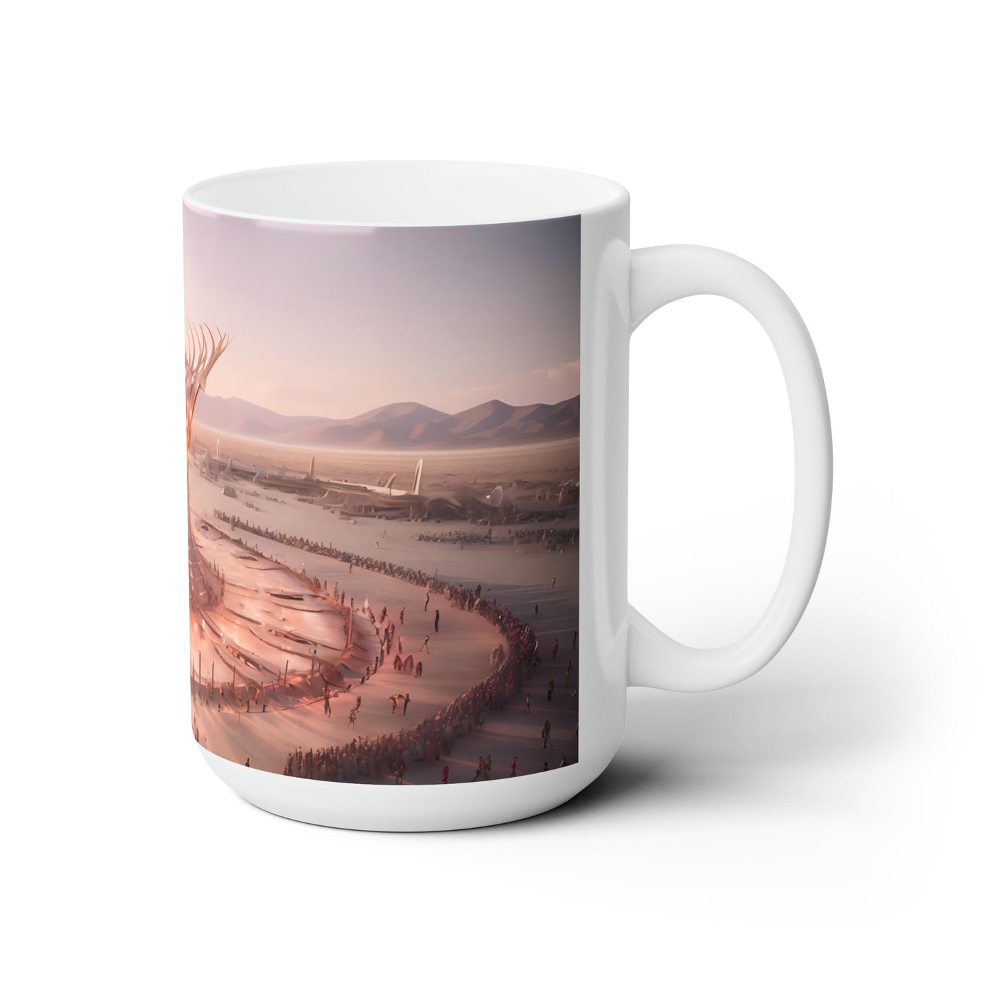 A colossal sundial materializing in the heart of the Burning Man festival, its intricate architecture inspiring awe and wonder.  -  Ceramic Mug 15oz