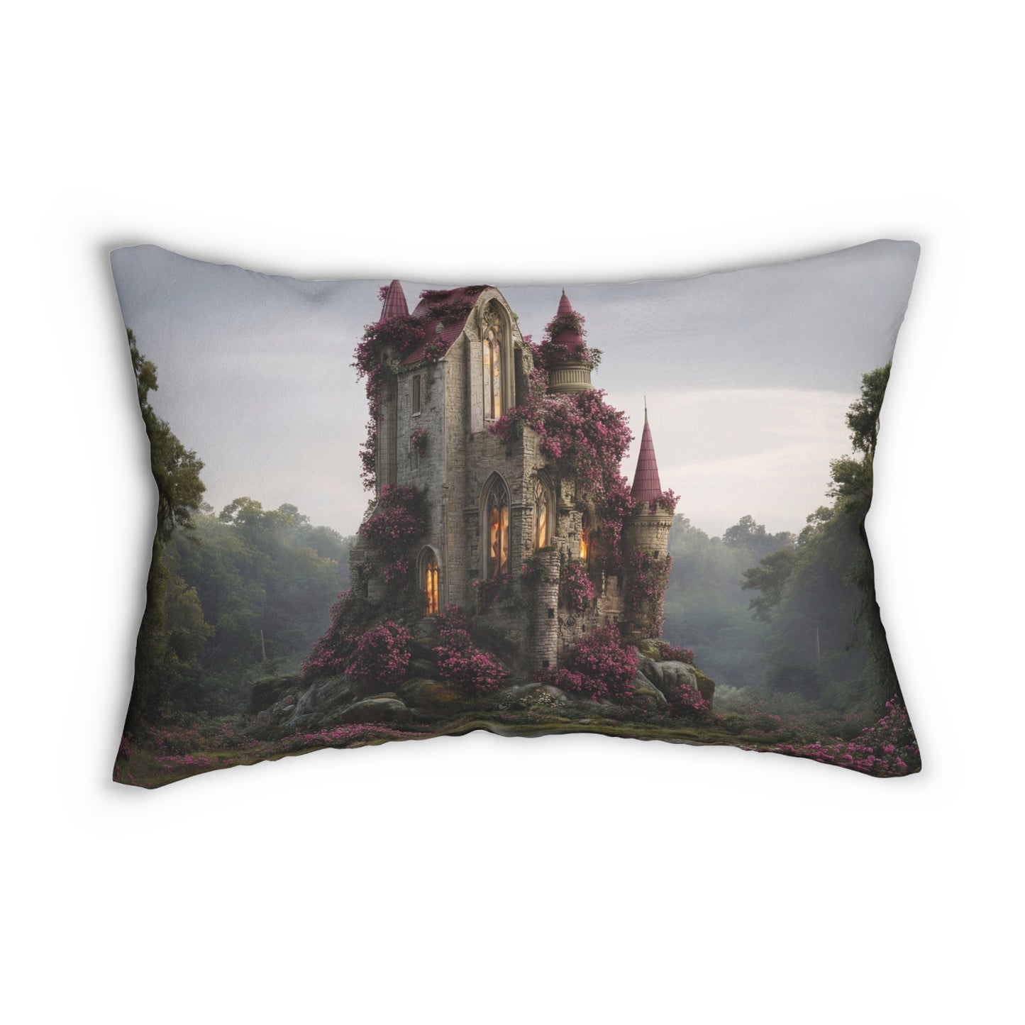 Rose-Covered Castle Lumbar Pillow – Twilight Sanctuary Dreamscape