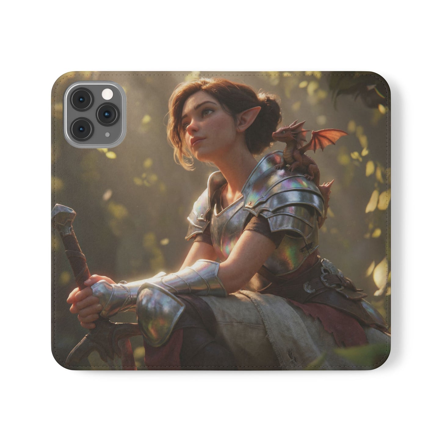 Elven Knight with Dragon Flip Cases – Iridescent Armor & Tiny Guardian Portrait