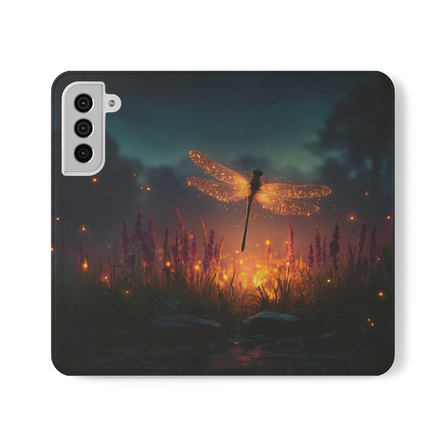 Bioluminescent Dragonfly Flip Cases – Glowing Amber Wings Over Twilight Marsh